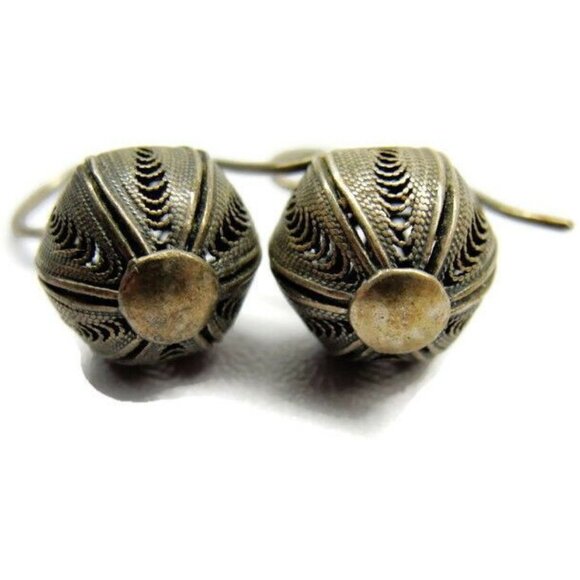 Earrings Hook Dangle Sterling Silver Filigree Ball 925 Vintage Patina - Picture 2 of 8